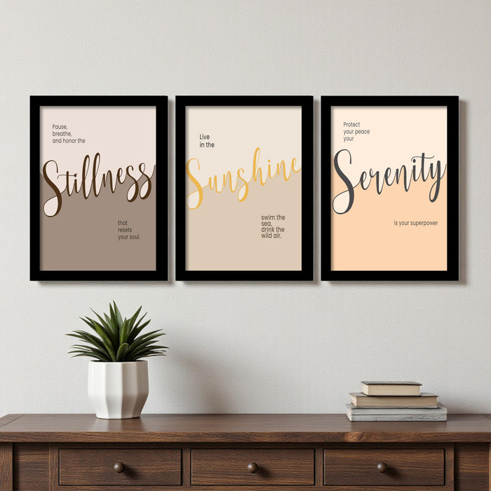 Calming Quote Wall Art Set of 3 Framed Prints | Stillness Sunshine Serenity Wall Décor for Living Room, Bedroom & Office, 23x32 cm