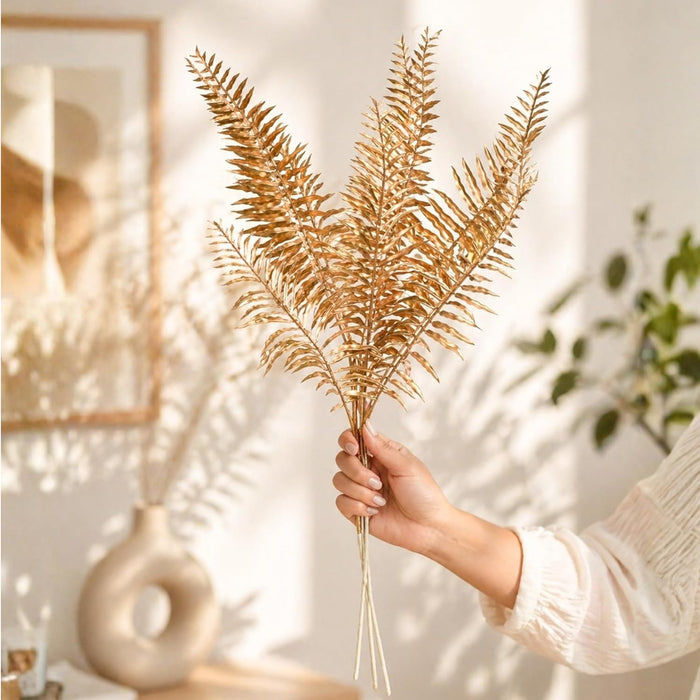Art Street Artificial Golden Fern Stems (Set of 2) – Metallic Plastic Decorative Leaves for Home Décor, Vase