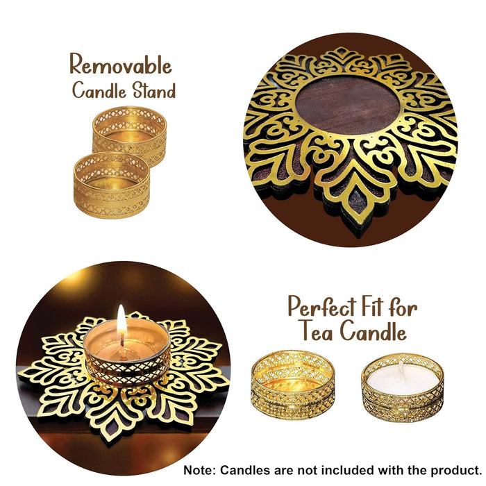 Decorative Diwali Tealight Diya Holders for Home Decoration, Dipawali Décor Items, Diwali Temple Decoration - MDF Wood Tea Light Candle Holder Stand Flower-shaped stands –11x11 cm