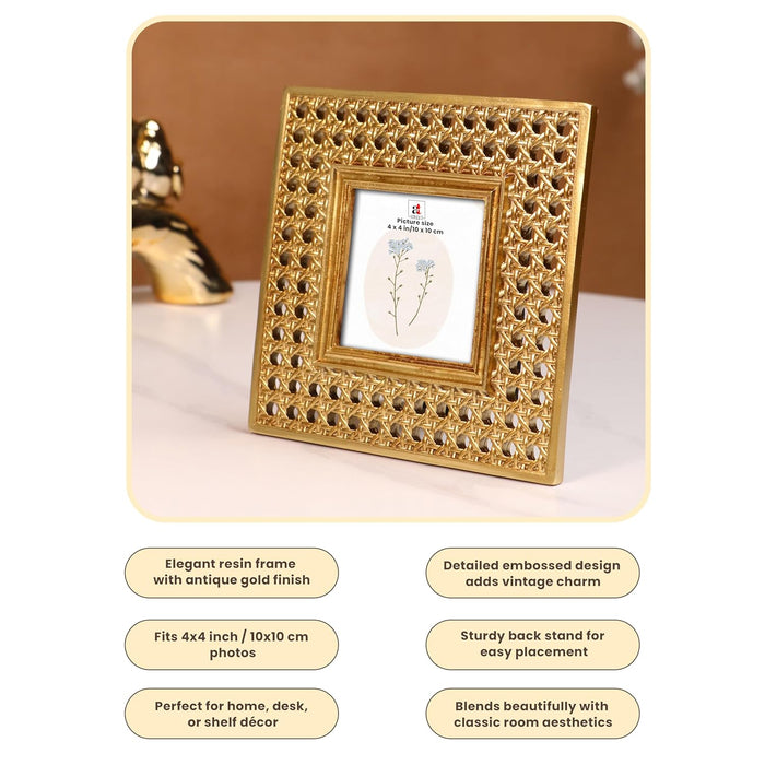 Vintage 4x4 Inch Photo Frame Golden Square – European Style Resin Picture Frame with Filigree Jali Design, Tabletop Display, Antique Look, 10x10 cm