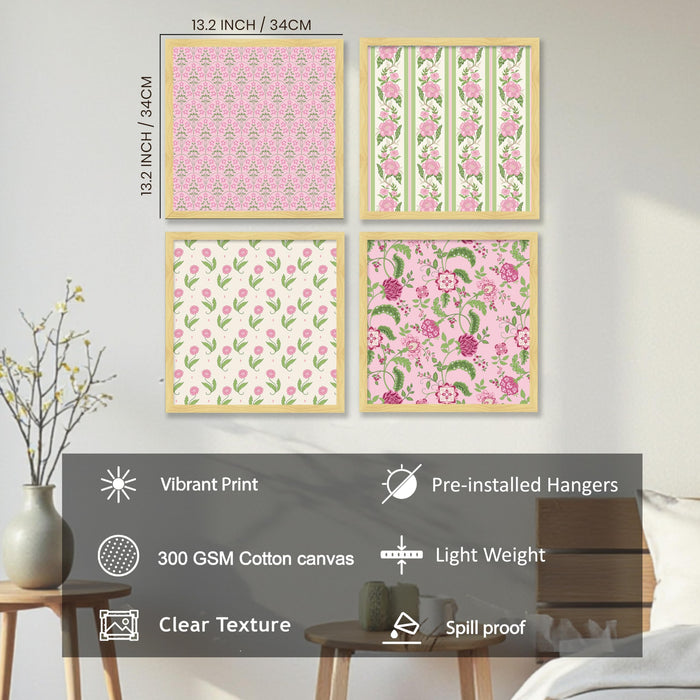 Pink Floral Wall Art Prints—Traditional Indian Folk Art Botanical Framed Wall Decor for Living Room, Bedroom & Home, (Set of 4) (13.2 inch x 13.2 inch