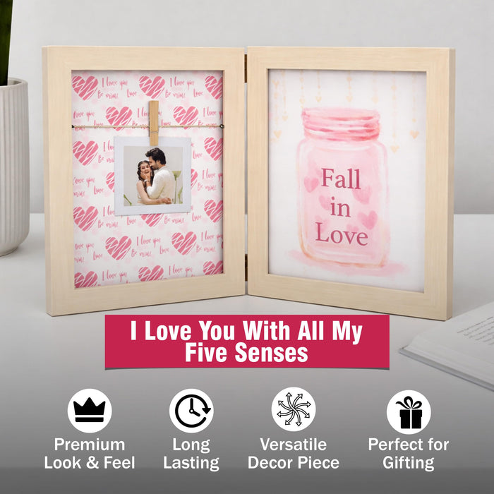 Greeting Card Photo Frame for Couples, Wooden Double Folding Love Photo Frame with Clip, Valentine’s Day Romantic Gift for Boyfriend, Girlfriend, Anniversary Wedding (5.2 x 7.2 Inch, Beige)