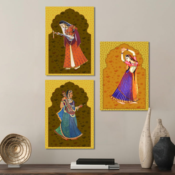 Art Street Set of 3 Stretched Canvas Painting of Mughal Traditional Dance Modern Art for Home Décor, Living Room, Wall Hanging, (Size: 12x16 Inch)