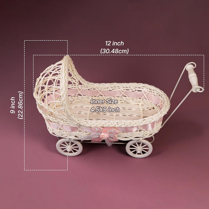 Gift Hamper Wicker Trolley, Mini Doll Stroller Shape Flower Basket/Gift Presenter, Organizer for Home and Table Décor (9x12 Inch)