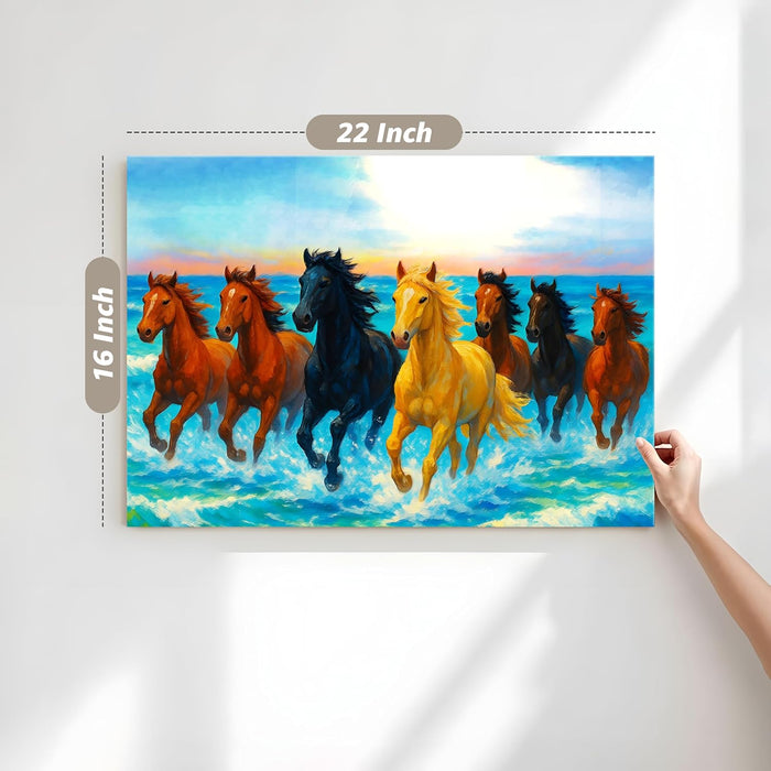 Seven Running Horses Wall Art Vastu Feng Shui Multicolor | Canvas Painting Stretched on Wood | Suits For Vastu-Friendly Place (16x22 Inch)