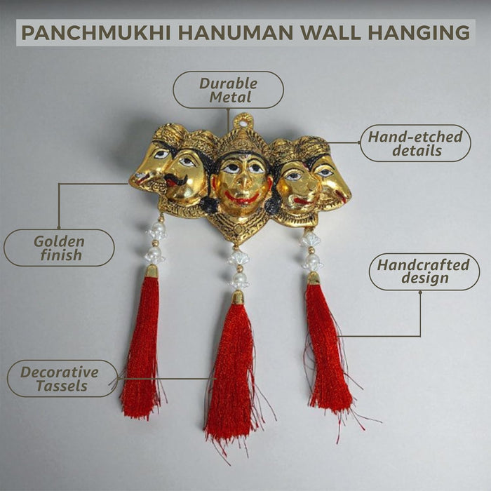 Metal Panchmukhi Hanuman Wall Hanging for Home Temple, Diwali Pooja, Brass Finished Deepawali Decoration, Hanuman Ji, Brass Finished Idols for Wall Hanging 16.5x23 cm