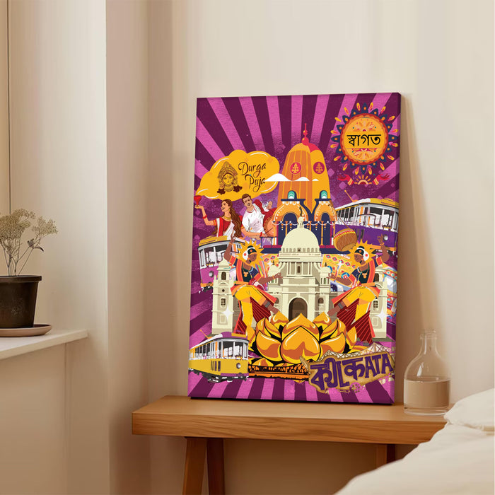 Kolkata Landmarks Collage Mixed Media Canvas Wall Painting | Travel pop art Canvas Wall Painting For Home and Office Wall Décor (41x56 cm)