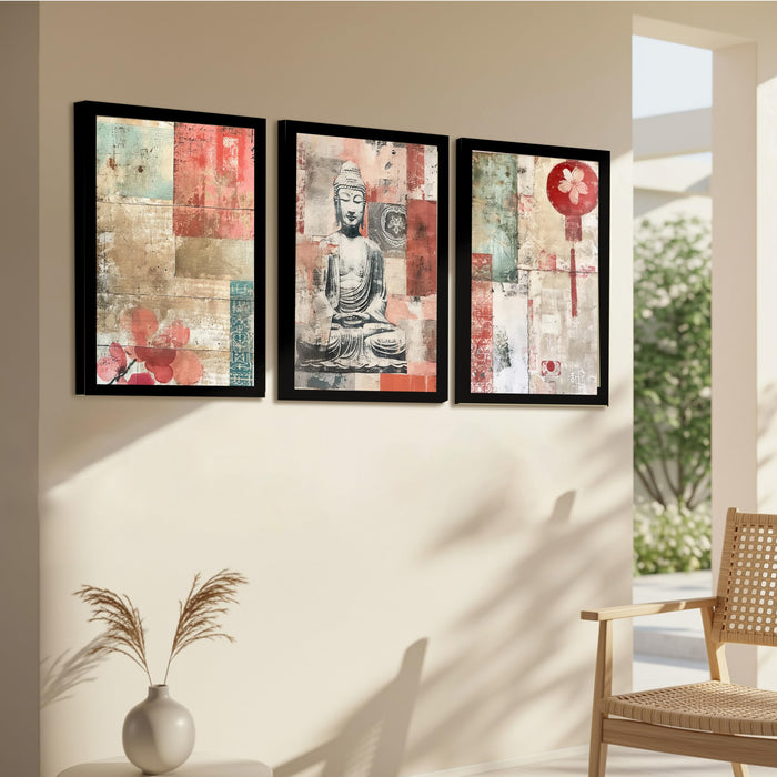 Abstract Buddha A3 Framed Painting for Living Room With Frame, Abstract Religious Floral Framed Vastu Paintings for Home Decor Bedroom Hallways Office Hotel Set of 3, Size 33x45 cm