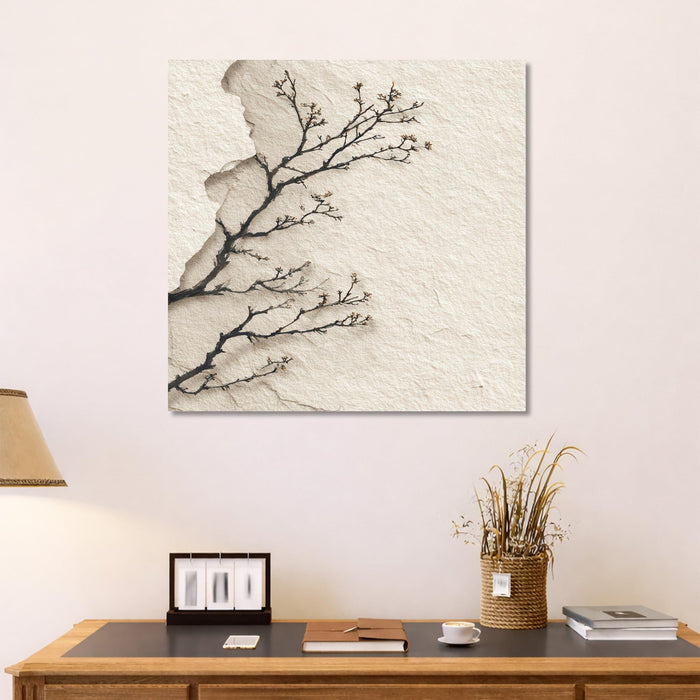 Japanese Zen Tree Branch Stretched Canvas Wall Art Painting For Living Room, Minimalist Wabi-Sabi Landscape Painting, Modern Japandi Decor for Living Room, Office & Home (56xx56 cm)