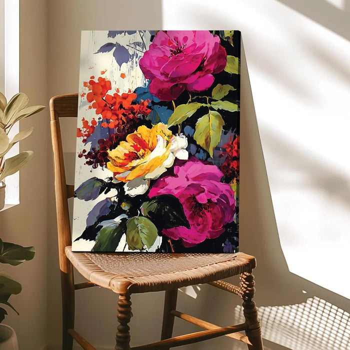 Abstract Floral and Botanical Art Print in Pink, Yellow, and Red | Digital Painting On Canvas Stretched on Wood (16x22 Inch)