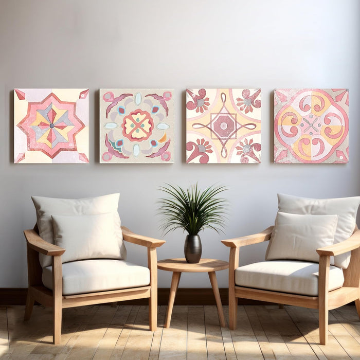 Set of 4 Stretched Canvas Painting Moroccan Tiles Pattern Art.