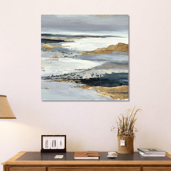 Abstract Gold Foil Mountain Landscape Wall Art Painting For Living Room, Modern Grey & Navy Textured Stretched Canvas Painting, Contemporary Japandi for Living Room, Office & Home (56xx56 cm)