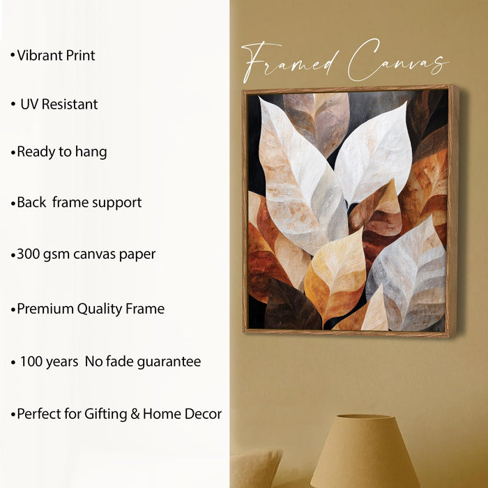 Abstract Autumn Leaf Framed Painting For Living Room | Rustic Botanical Leaf Large Canvas Painting With Frame Wall Art For Bedroom, Hallway's, Office, Hotel, Size 58x58 cm