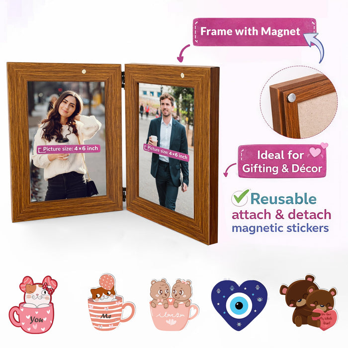 Art Street Foldable Table Photo Frame with MDF Magnet Sticker | Magnetic Message Sticker Couple Photo Frame for Valentine day, Anniversary Gift (4x6 Inch)