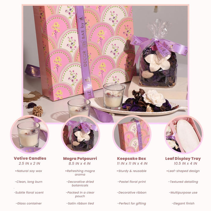 Diwali Gift Hamper Box with Mogra Scent Potpourri, Glass Candle and Tray, Friends and Relatives (Pack of 4)