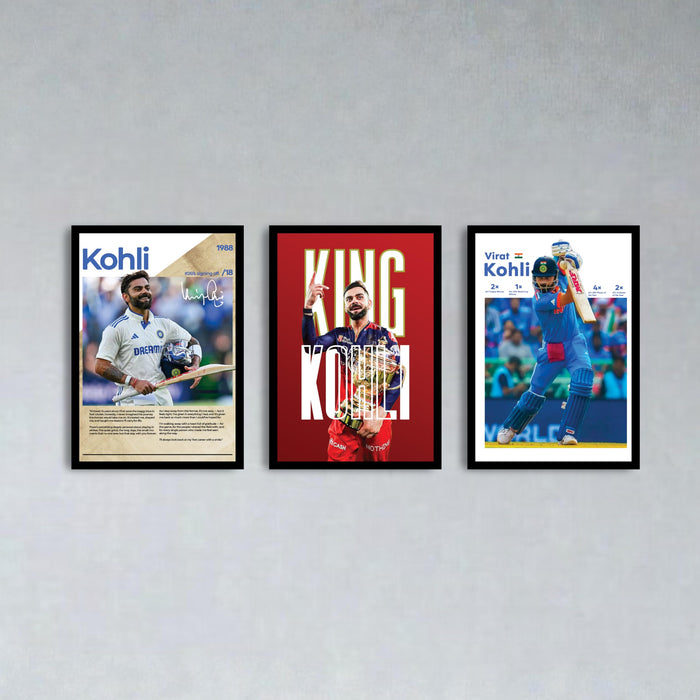 Virat Kohli Framed Wall Poster | Indian Cricket Legend Wall Art | Premium Sports Decor for Living Room, Bedroom & Office For Home Decor (13.9 Inch x 17.6 Inch, Set of 3)