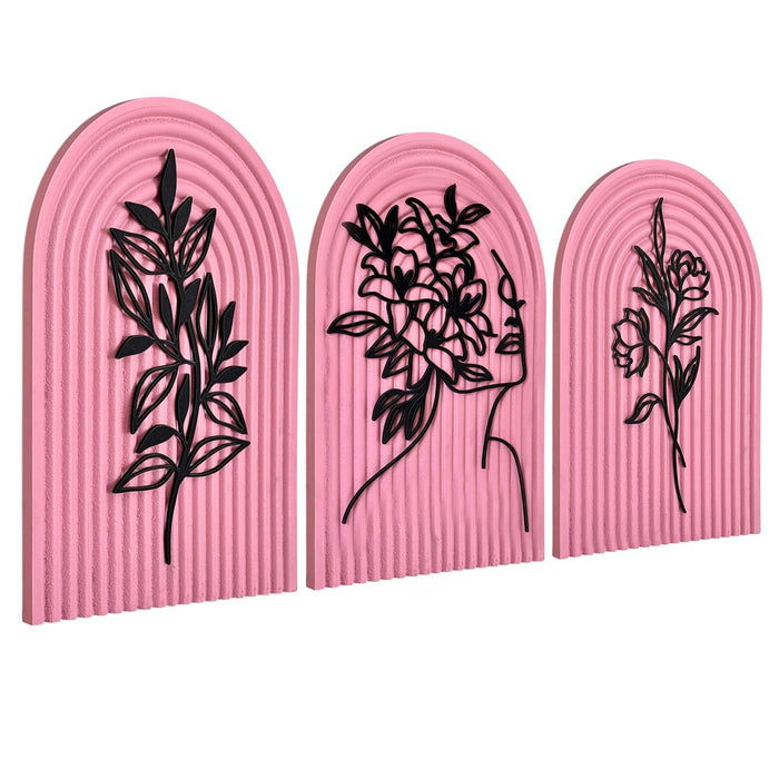 Pack of 3 Boho Floral Wall Art with Arched Wood Base and Floral Women Face Cutouts Boho Decor 22x31 cm