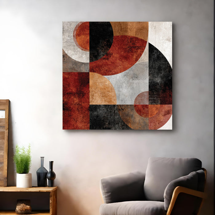 Modern Abstract Geometric Stretched Canvas Wall Art Painting For Living Room, Bauhaus-Inspired Rust, Terracotta & Black Circles Painting, Mid-Century Boho Decor for Living Room & Office (56xx56 cm)