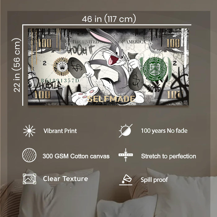 Self-Made Money Graffiti Stretched Canvas Wall Art | Luxury Dollar Theme Pop Art Modern Wall Painting for Living Room, Office & Studio Décor, 22x46 Inch