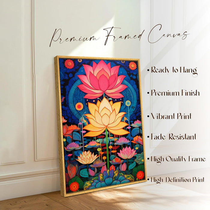 Abstract Multicolor Aesthetic Lotus Painting with Frame, Framed Canvas Paintings Stretched Canvas Wall Art  22x34 Inch