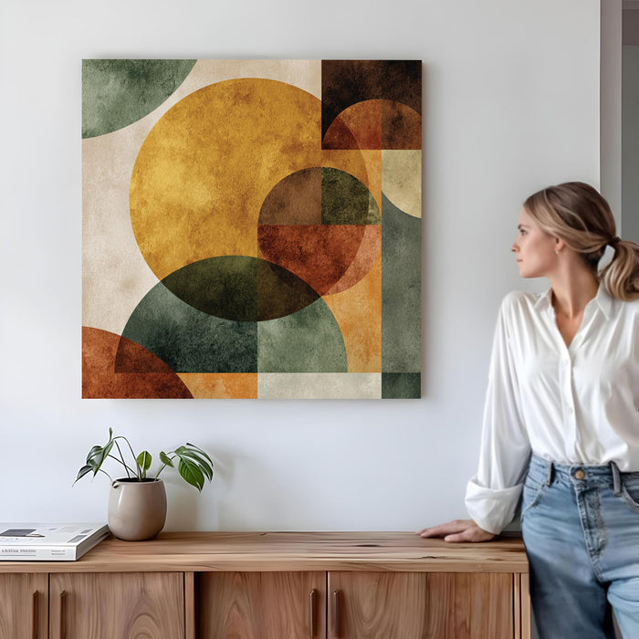 Boho Geometric Circles Stretched Canvas Wall Art Painting For Living Room, Modern Minimalist Earth Tone Painting, Abstract Decor for Living Room, Office & Studio (56xx56 cm)