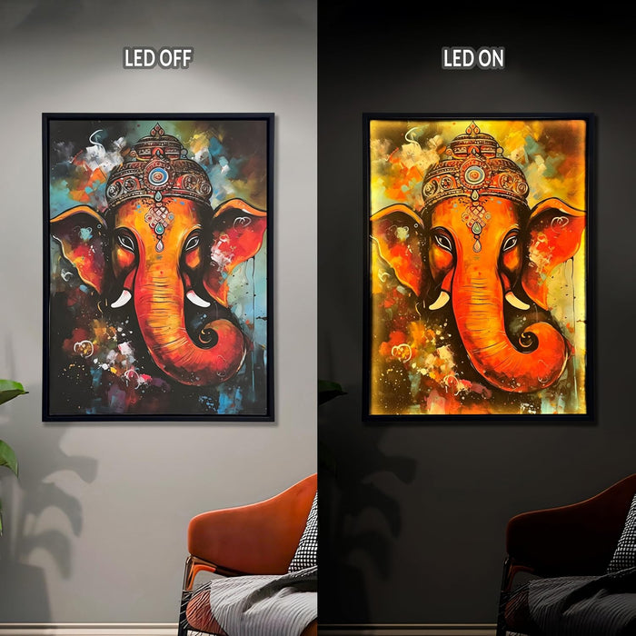 Framed Canvas Art Print with LED Light Decorative Wall Decor Canvas Wall Painting Ganesha Abstract Art 43x58 cm