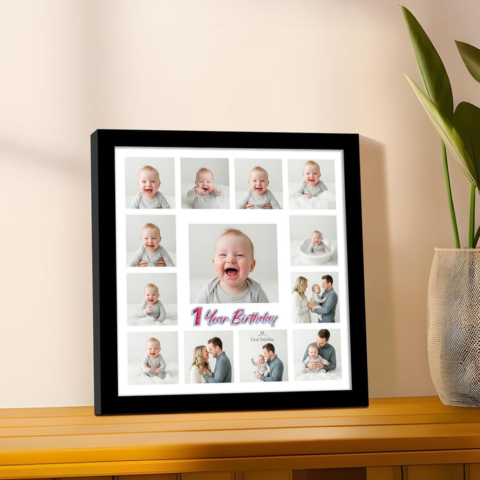 Personalized Happy Birthday Wall Photo Print Collage with 13 Photo Upload Customized Photo Frame (Frame Size 11x11 inch)