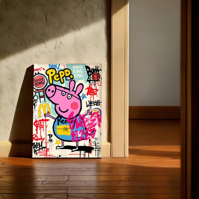 Cartoon Pig Graffiti Stretched Canvas Painting Print | Pop Art Street Style Wall Décor | Modern Abstract Canvas Art for Home & Office, 41x56 cm