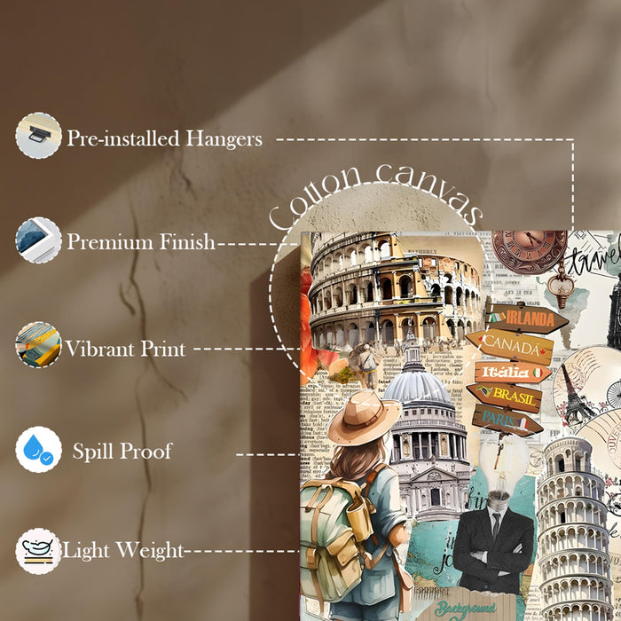 World Travel Collage Canvas Wall Painting | Canada Italia Brazil Paris Travel pop art Canvas Wall Painting For Home and Office Wall Décor (41x56 cm)