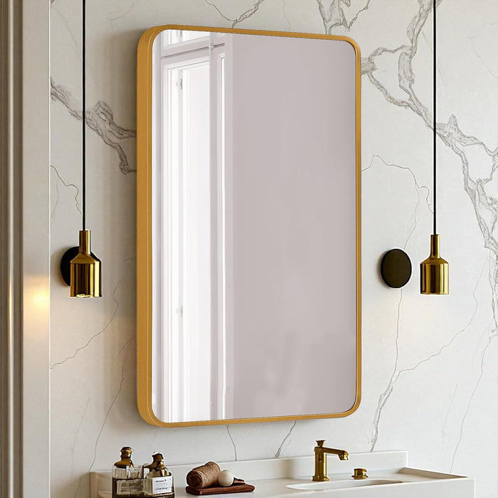 Rectangular Decorative Wall Mirror with Aluminum Metal Frame Gold | Rounded Rectangular Vanity Mirror (Gold, 46x61 cm)