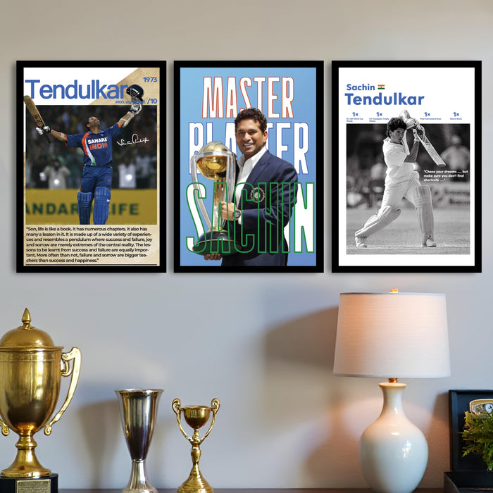 PAINTINGMANTRA Sachin Tendulkar Wall Art | Master Blaster Cricket Posters | Framed Sports Wall Decor for Living Room, Bedroom, Office & Cricket Lovers (13.9x17.6 Inch, Set of 3)