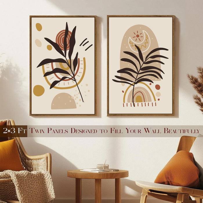 Boho Leaf Flower Moon and Sun Canvas Wall Painting Bohemian Large Wall Art Painting for Living Room Decoration, Stylish Large Wall Art Print for Wall Decor (Set of 2, 58x89 cm)