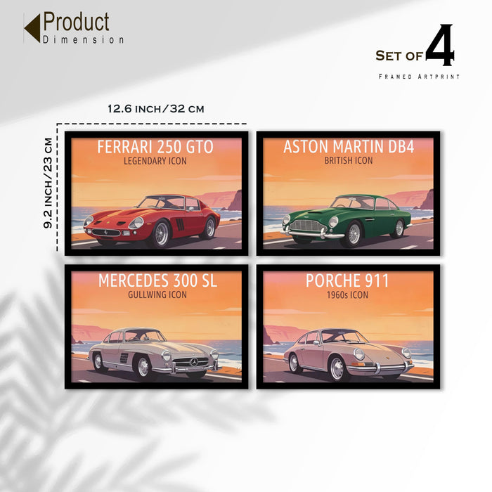 Classic Iconic Cars Framed Painting Wall Art Painting Set of 4 | Retro Luxury Car Illustration Prints for Living Room, Office & Studio D cor, 23x32 cm