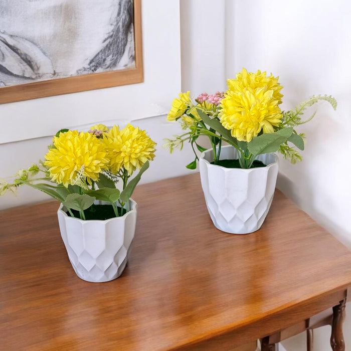 Ceramic Potted Vase Artificial Dhalia, Marigold Flower with Pot for Table Top (Yellow, Size: 3.5x7 Inch)