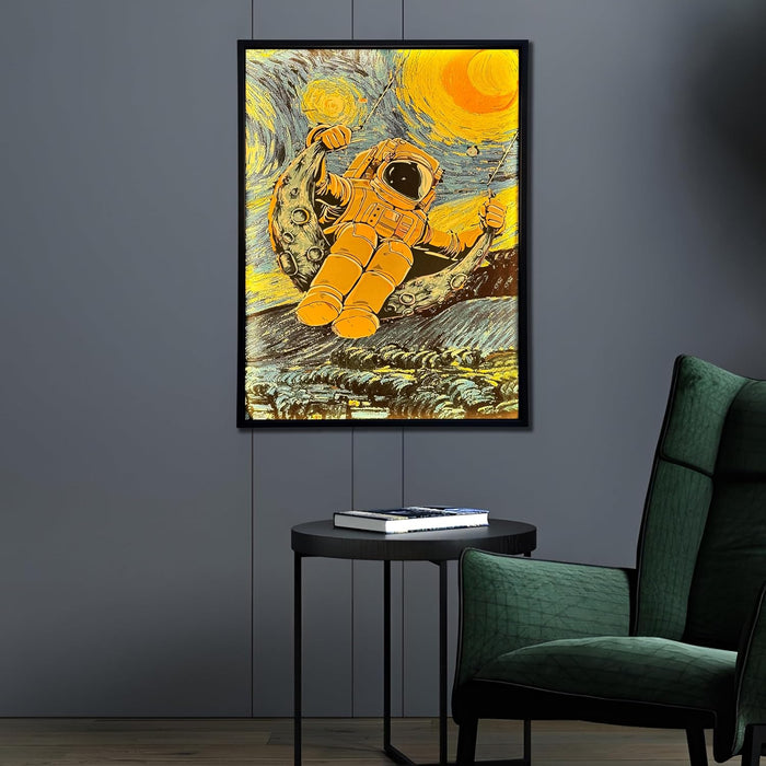 Framed Canvas Art Print with LED Light Canvas Wall Painting, Astronaut Post Impressionism Art Decorative Wall Decor 43x58 cm