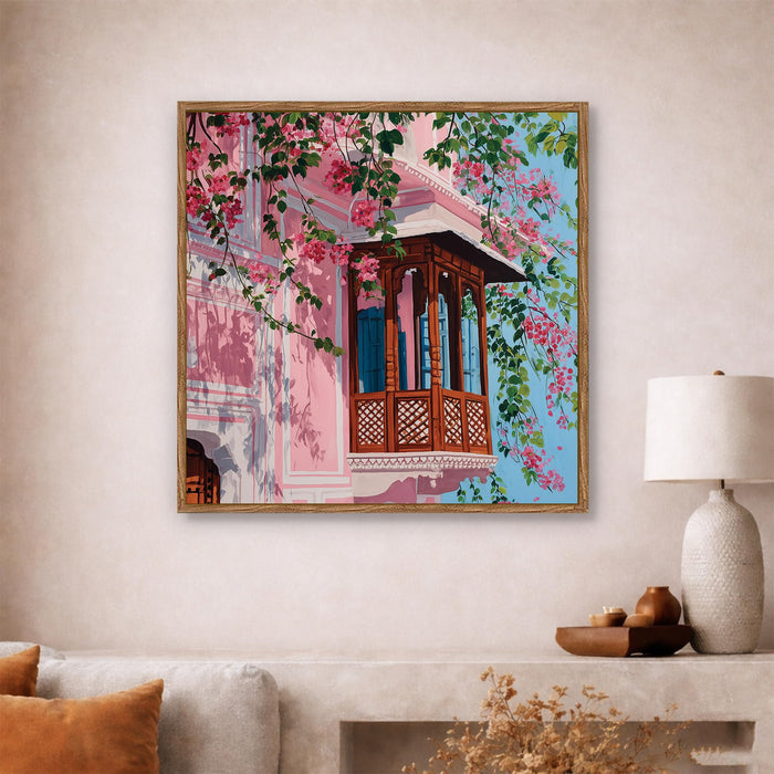 Jaipur Pink City Framed Painting For Living Room | Jharokha Art Large Canvas Painting With Frame Wall Art For Bedroom, Hallway's, Office, Hotel, Size 58x58 cm