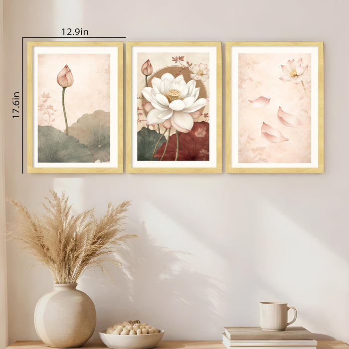 Modern Abstract Blooming Lotus A3 Framed Poster for Living Room With Frame, Abstract Floral Framed Vastu Posters for Home Decor Bedroom Hallways Office Hotel Set of 3, Size 33x45 cm
