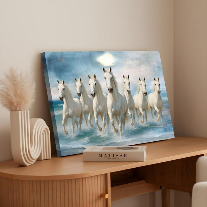 Seven Running Horses Wall Art Vastu Feng Shui Multicolor | Canvas Painting Stretched on Wood | Suits For Vastu-Friendly Place (16x22 Inch)
