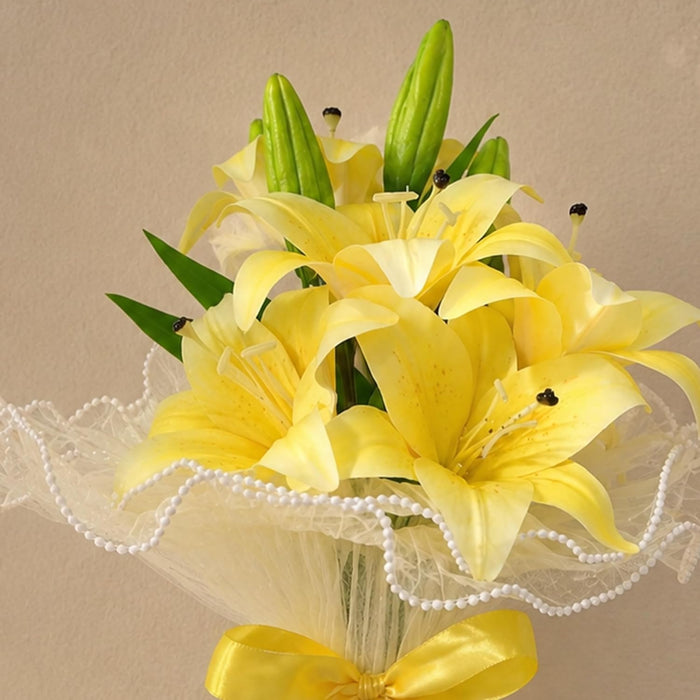 Art Street Artificial Yellow Lily Flower Bouquet with Decorative Wrapping | Realistic Fake Flowers