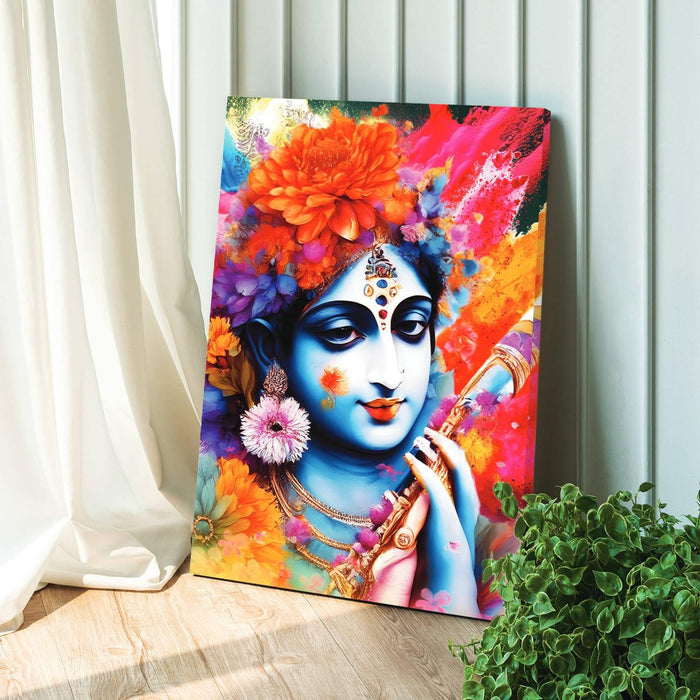 Stretched Canvas Divinity Love of Radha Krishna Rangoli Paintings For Home Decoration, (Size: 16x22 Inch)