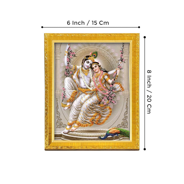 Divine Sri Radha and Krishna Religious Golden Photo Frame Stand able and Wall Hanging for Temple (13x18 cm)