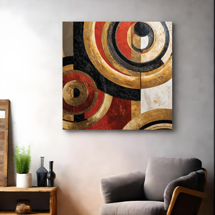 Gold & Red Abstract Geometric Stretched Canvas Wall Art Painting For Living Room, Textured Metallic Circles Painting, Modern Home Decor for Living Room, Office & Hallway (56xx56 cm)