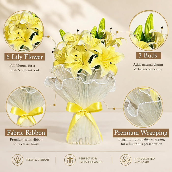 Art Street Artificial Yellow Lily Flower Bouquet with Decorative Wrapping | Realistic Fake Flowers