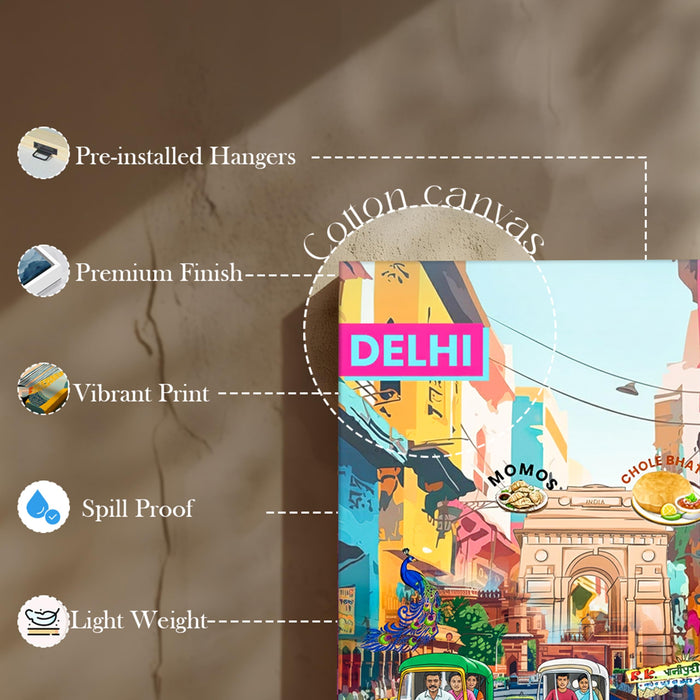 Delhi Landmarks Collage Mixed Media Canvas Wall Painting | Travel pop art Canvas Wall Painting For Home and Office Wall Décor (41x56 cm)