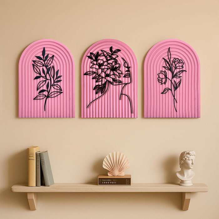 Pack of 3 Boho Floral Wall Art with Arched Wood Base and Floral Women Face Cutouts Boho Decor 22x31 cm