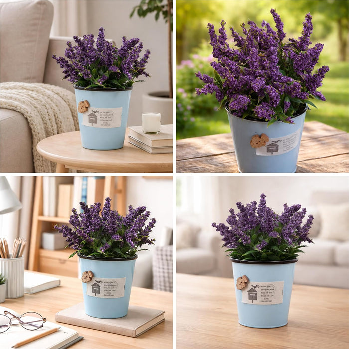Ceramic Flower Pot with Artificial Purple Flowers | Decorative Tabletop Planter