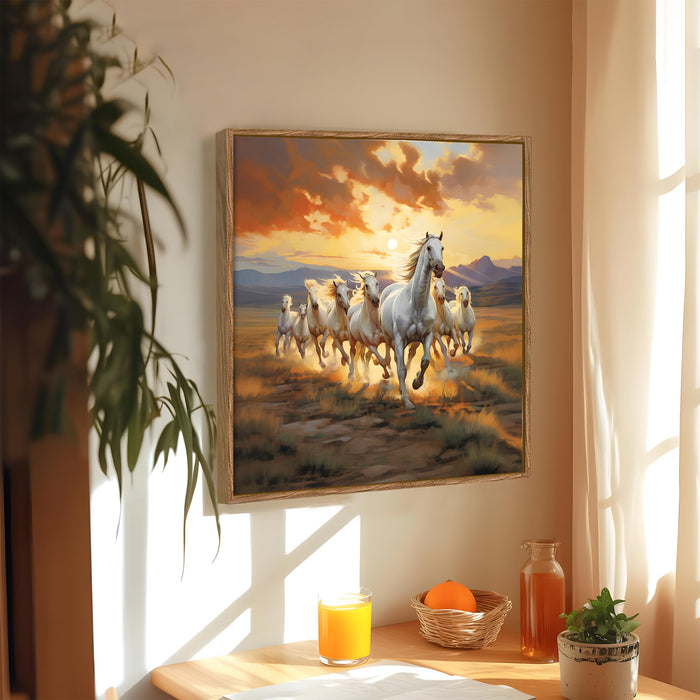 Vastu 7 Running Horses Framed Painting For Living Room | Feng Shui White Horse Large Canvas Painting With Frame Wall Art For Bedroom, Hallway's, Office, Hotel, Size 58x58 cm