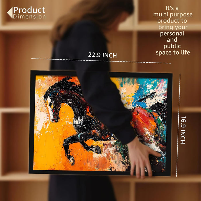 Abstract Wall Art Eight Running Horses Vastu Feng Shui Multicolor | Digital Painting Framed with Engineered Wood Frame (17x23 Inch)