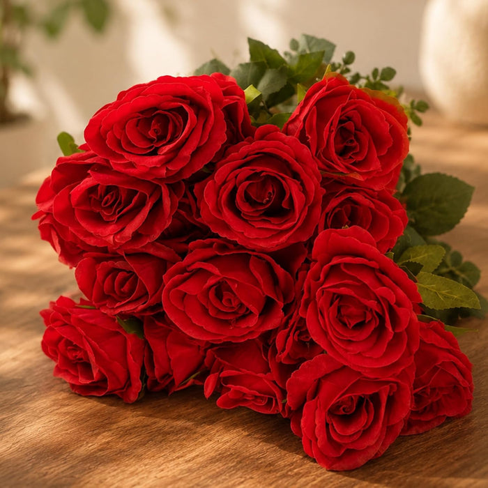 Artificial Red Rose Flower Bunch for Home Decoration | Realistic Silk Rose Bouquet with Green Leaves |