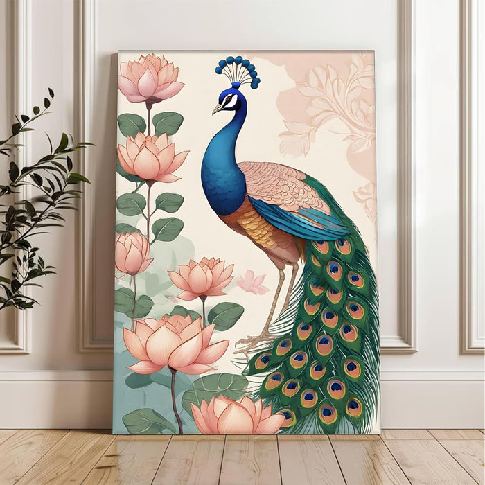 Portrait Stretched Canvas Elephant Peacock Lotus Beautiful Wall Art Print Décor Printed on Canvas Stretched on Wood 41x56 cm